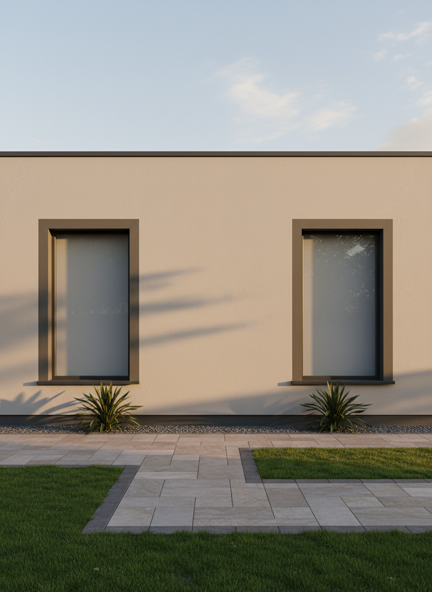 A professionally finished exterior wall with a smooth, uniform plaster surface painted in a serene light beige, perfectly contrasting with dark accent trim around precision-installed modern windows. The wall faces a small, landscaped yard featuring manicured grass and contemporary stone paving. Late afternoon natural sunlight bathes the scene in a warm, golden hue, creating elongated, flattering shadows and emphasizing the smoothness of the plaster. The composition is balanced using the rule of thirds with the wall dominating the frame and landscaping as secondary elements. The mood is welcoming and sophisticated, with a style that blends realistic detail and modern minimalism.