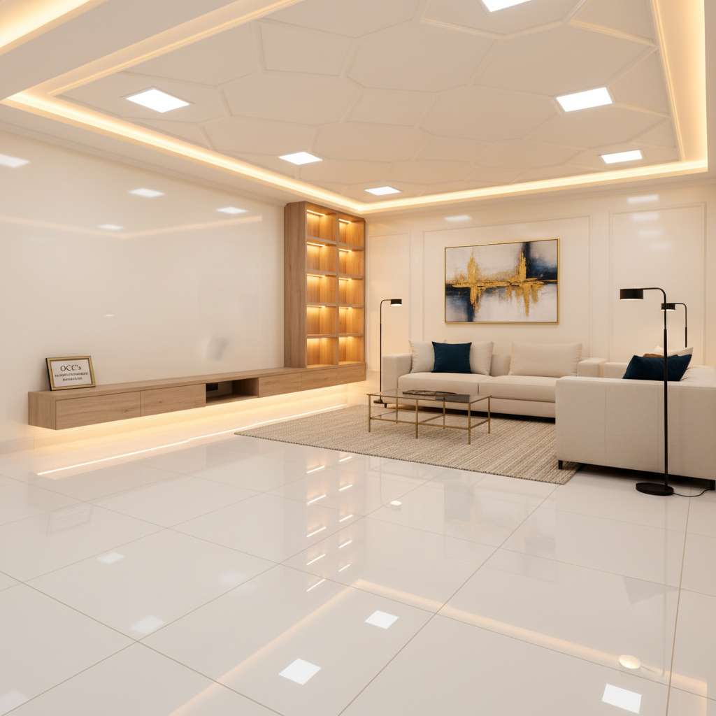 A vibrant, glossy-finished living room after a full renovation, displaying seamless integration of new paint, decorative ceiling POP pavement with subtle geometric patterns, and high-gloss porcelain tiled flooring. The room is accented by streamlined built-in shelving and minimalist lighting fixtures. The space is bathed in warm artificial lighting from sleek, ceiling-mounted LEDs and indirect cove lights, highlighting the room’s textures and crisp lines. Captured from a wide, slightly elevated angle with pronounced depth, the overall effect is dynamic, polished, and contemporary, embodying OCC’s transformative renovation expertise.