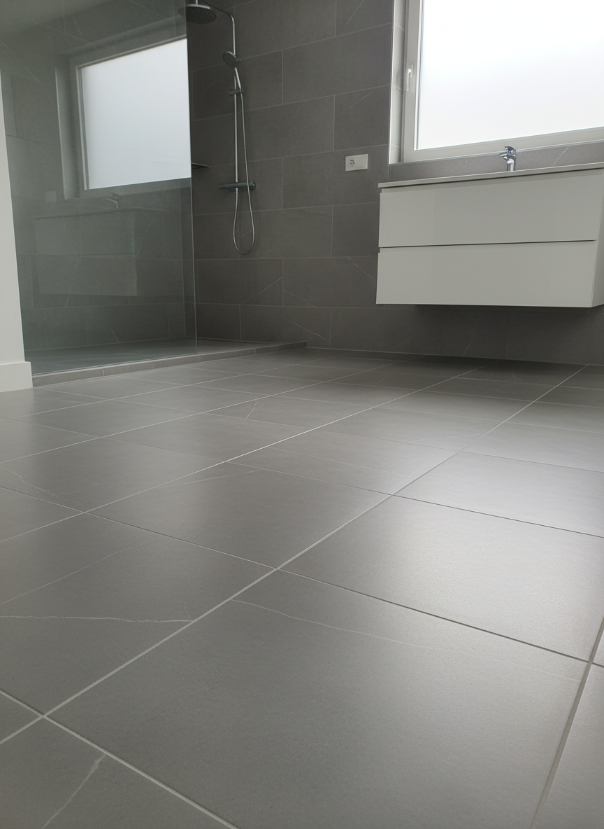 A pristine, newly tiled bathroom floor featuring large, slate-gray ceramic tiles with impeccable grout lines and subtle, natural veining. The setting is a spacious, luxury home interior, with a portion of a glass shower wall and a minimalist white vanity in the background. Light streams in through a frosted window, creating a soft, indirect glow that gently picks out the surface textures and adds a sense of cleanliness and freshness. Shot from a slightly elevated, wide-angle viewpoint with the central area in sharp focus, the aesthetic is clean, modern, and realistic—perfectly echoing OCC’s attention to interior finishing details.
