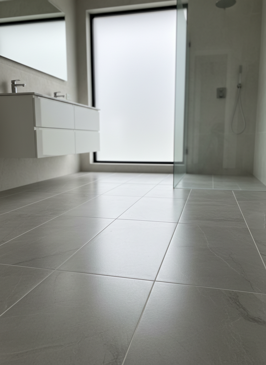 A pristine, newly tiled bathroom floor featuring large, slate-gray ceramic tiles with impeccable grout lines and subtle, natural veining. The setting is a spacious, luxury home interior, with a portion of a glass shower wall and a minimalist white vanity in the background. Light streams in through a frosted window, creating a soft, indirect glow that gently picks out the surface textures and adds a sense of cleanliness and freshness. Shot from a slightly elevated, wide-angle viewpoint with the central area in sharp focus, the aesthetic is clean, modern, and realistic—perfectly echoing OCC’s attention to interior finishing details.
