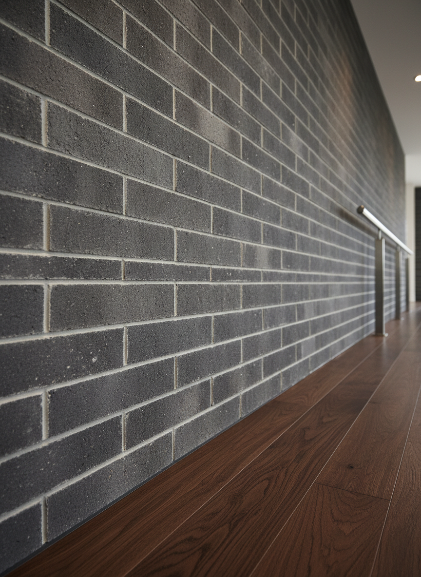 A striking close-up of expertly laid interlocking gray bricks forming a flawless feature wall, each block boasting subtle tonal variations and smooth, uniform mortar lines. The wall is part of a freshly renovated interior, adjacent to a polished wooden floor with a hint of a sleek metal handrail nearby. Soft, diffused artificial lighting from recessed ceiling fixtures highlights the texture of the brickwork and gently illuminates the warm wood grain. The composition uses an angled, oblique perspective, drawing attention along the wall’s length with a sense of depth and precision. The mood is modern and inviting, with a clean, professional finish aligned with OCC’s commitment to excellence.
