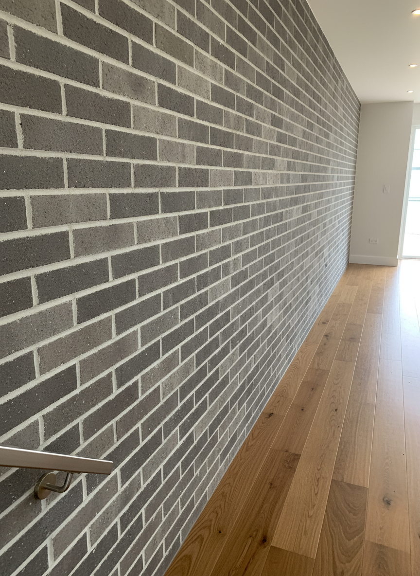 A striking close-up of expertly laid interlocking gray bricks forming a flawless feature wall, each block boasting subtle tonal variations and smooth, uniform mortar lines. The wall is part of a freshly renovated interior, adjacent to a polished wooden floor with a hint of a sleek metal handrail nearby. Soft, diffused artificial lighting from recessed ceiling fixtures highlights the texture of the brickwork and gently illuminates the warm wood grain. The composition uses an angled, oblique perspective, drawing attention along the wall’s length with a sense of depth and precision. The mood is modern and inviting, with a clean, professional finish aligned with OCC’s commitment to excellence.