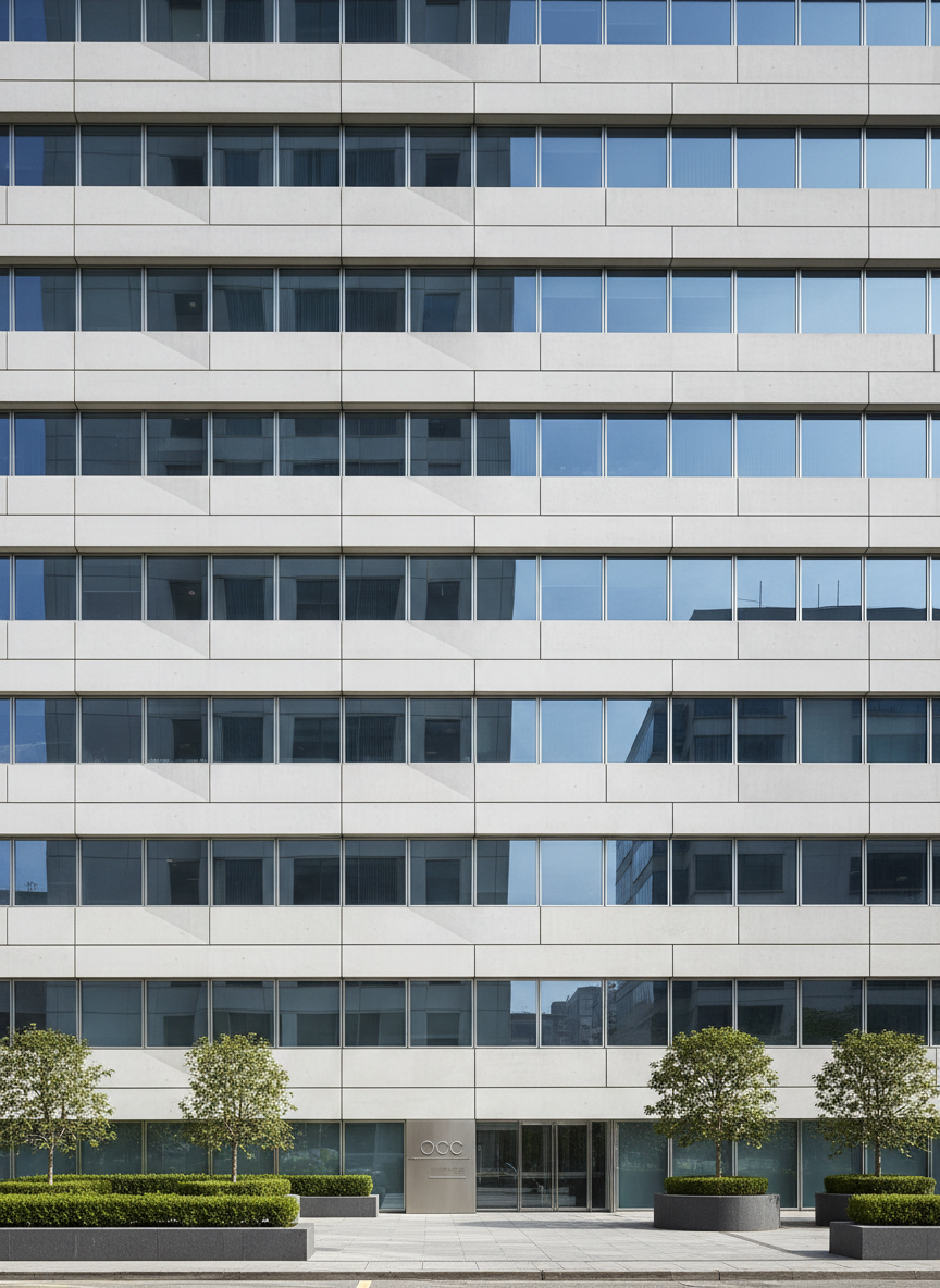 A meticulously constructed modern building façade made of alternating smooth concrete panels and crisp, geometric glass windows, showcasing precision craftsmanship. The structure stands in a clean, urban environment with paved walkways and trimmed greenery lining the building's base. Soft midday natural light enhances the building's sharp architectural lines, casting subtle, structured shadows along the contours. The atmosphere is bold yet professional, emphasizing quality and durability. Captured from a straight-on, eye-level perspective with the entire façade centered in the composition, all details in sharp focus. The overall style is photographic realism with a clean and modern aesthetic, demonstrating OCC's expertise in high-quality construction.